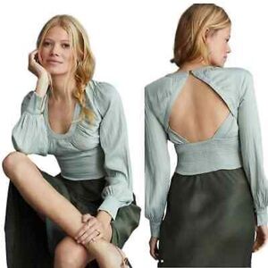 Anthropologie Satin Mint Green Open Back Long Sleeve Blouse NWOT